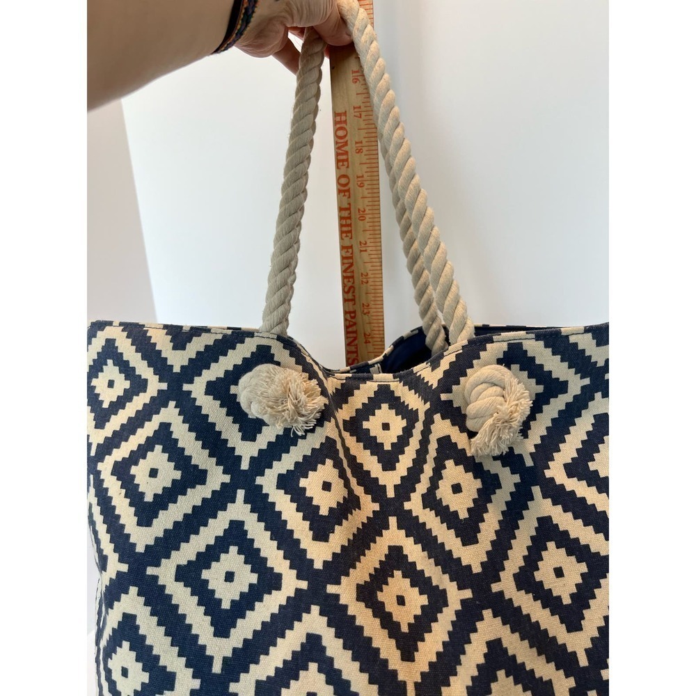 Summer & Rose Nautical Tote, Geometric Pattern, Rope Handles, Blue & White - Picture 10 of 16